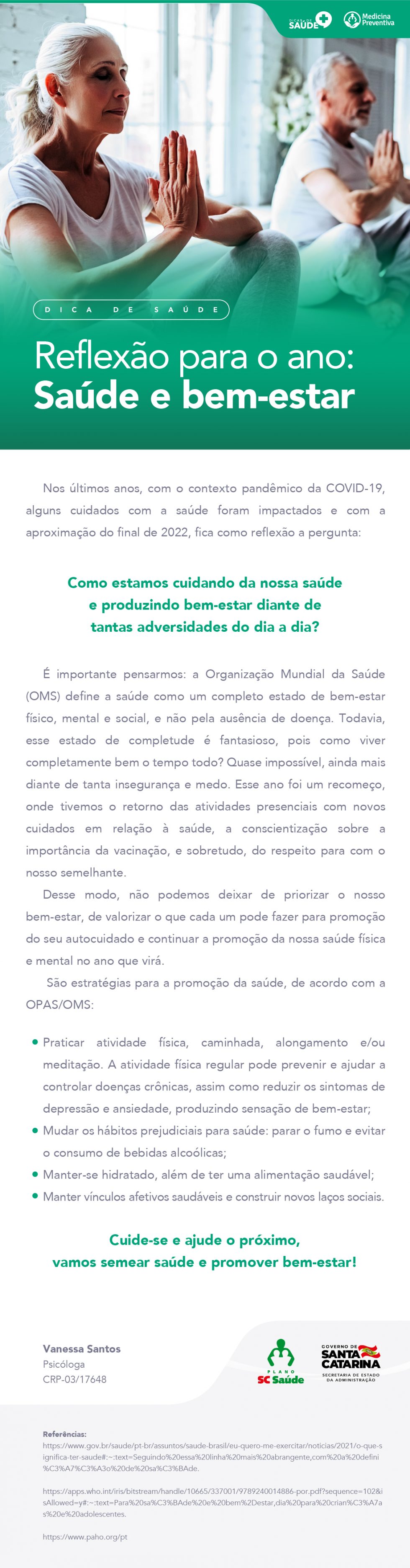 Reflexão para o ano Saúde e bem estar Plano SC Saúde