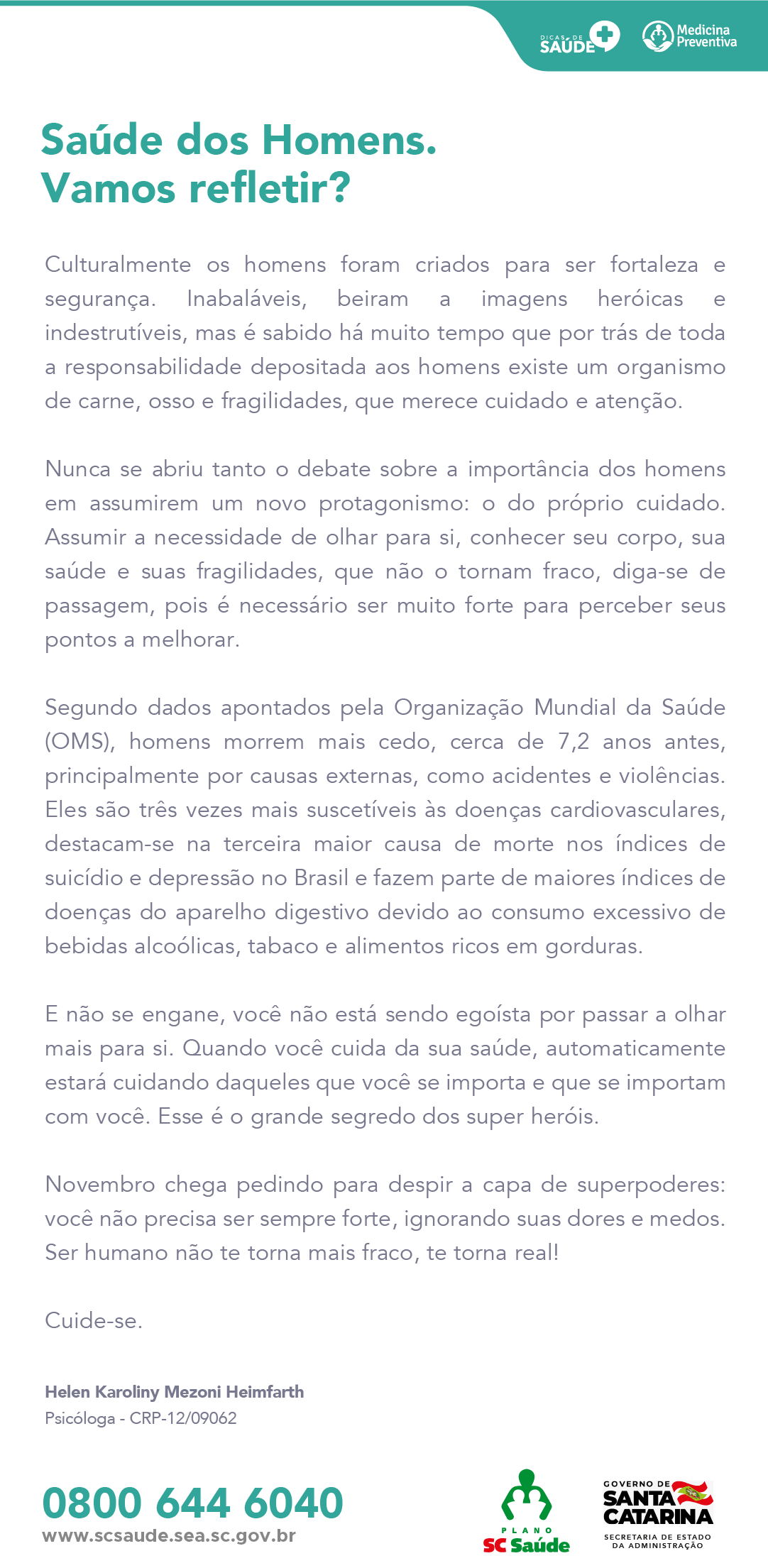 Saúde dos Homens: Vamos refletir?